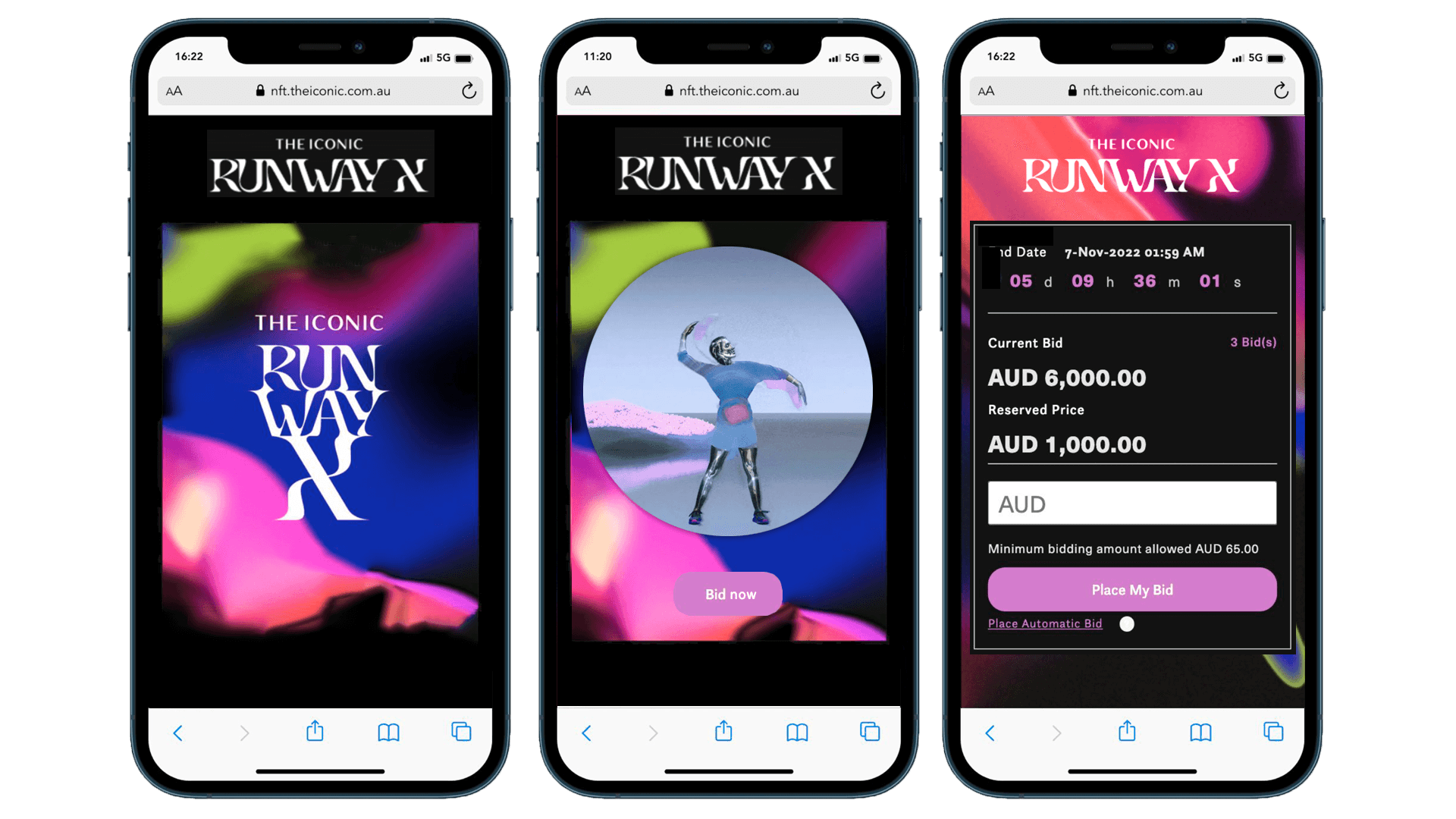 Collage of phones showing UI of RUNWAY X NFT auction.