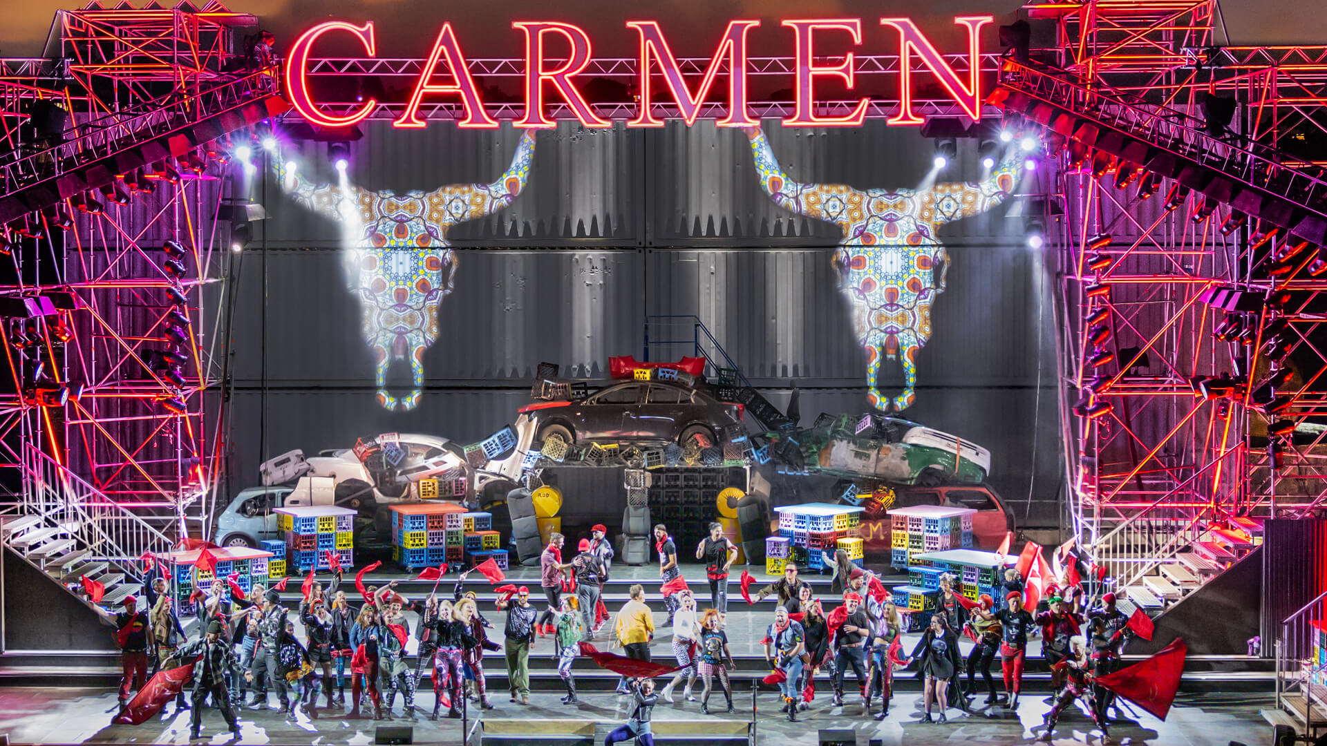 The stage of Carmen on Cockatoo Island featuring graphics by VANDAL