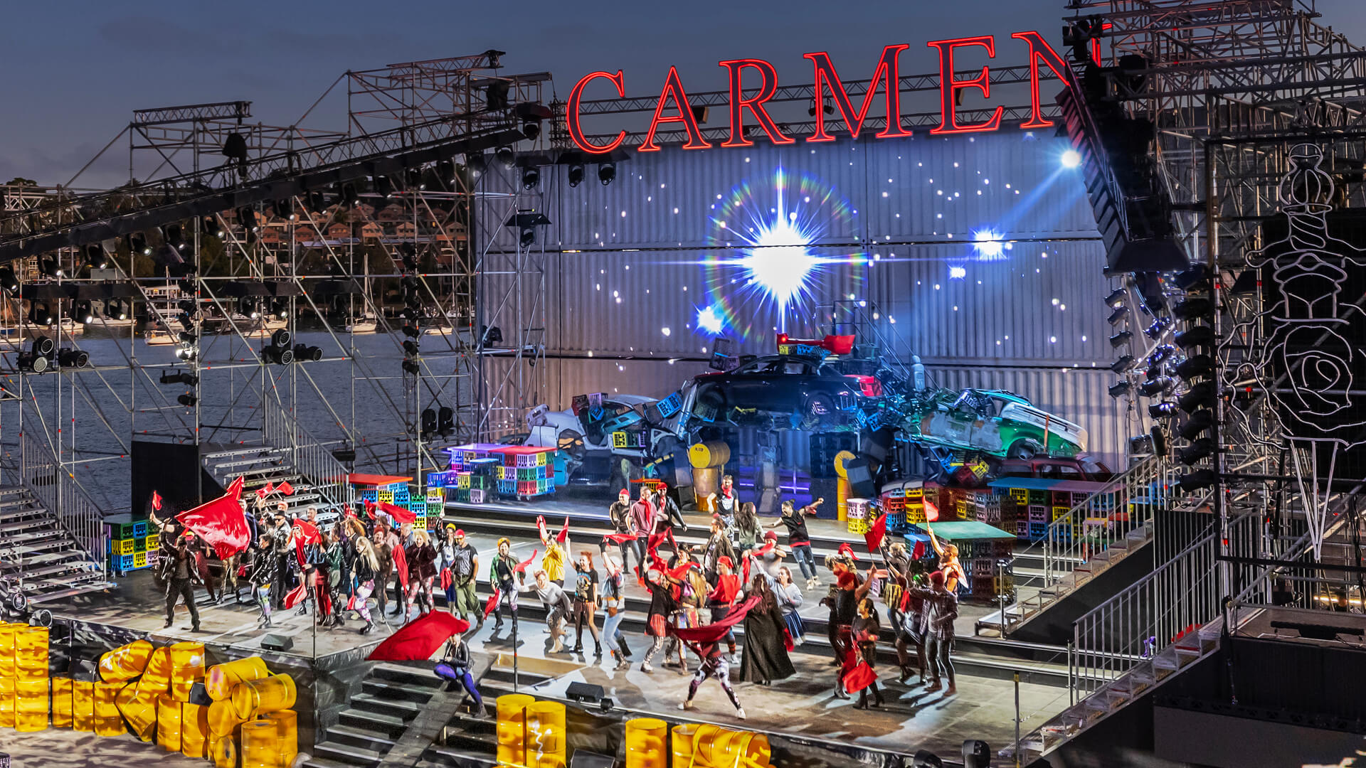 The stage of Carmen on Cockatoo Island featuring graphics by VANDAL