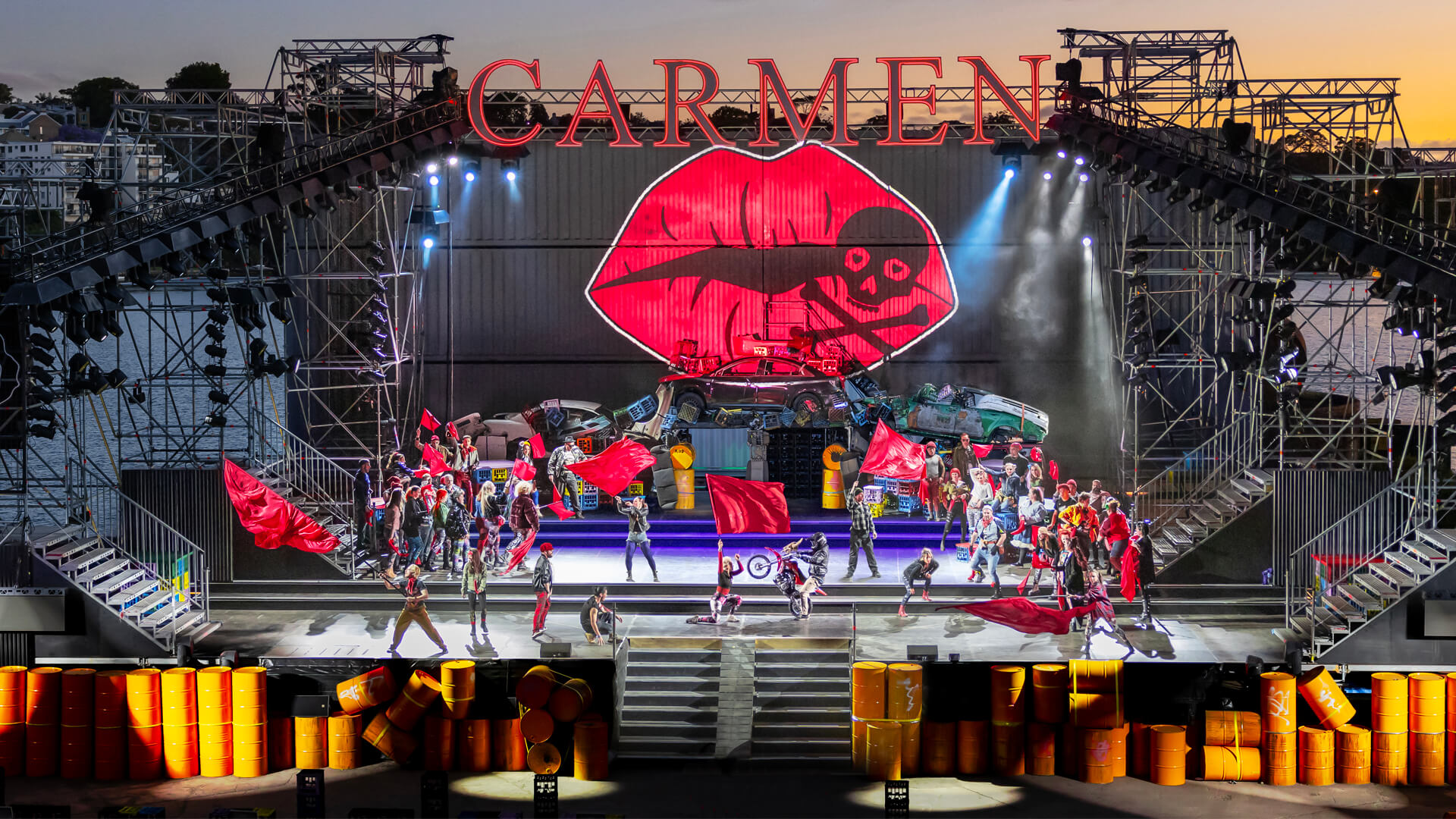 The stage of Carmen on Cockatoo Island featuring graphics by VANDAL