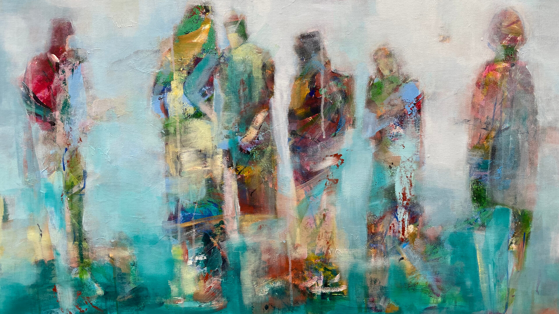 Artwork by Tracey Taylor depicting figures human gathered together