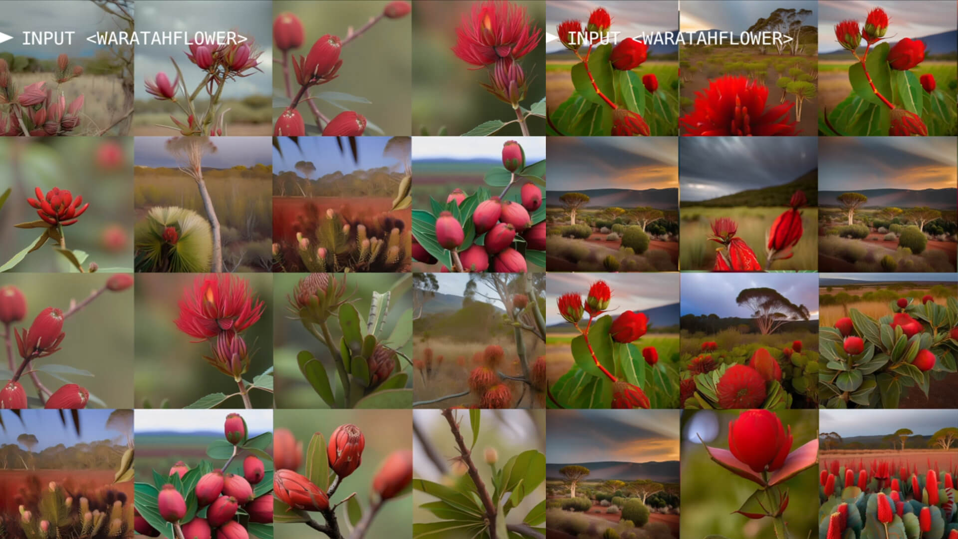 Collage image showing machine learning process used to generate Australian waratah flower using generative artificial intelligence art using Stable Diffusion.